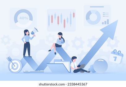 Konzept für Geschäftsideen. Arrow-Aufzeigen, Symbol der Gründung, Wachstumsmanagement, taktischer Plan, Verbesserung der Strategie, Entwicklung für den Erfolg. Flache Vektordesign-Illustration.