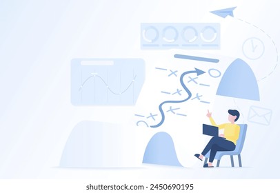 Concepto de ideas de negocio. Flecha que apunta a la estrategia de gestión del crecimiento, Plan táctico, dirección establecida, objetivo de marketing, base de datos de análisis.  Ilustración de diseño de Vector plano.
