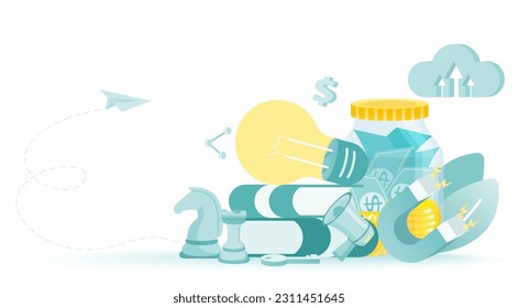 Business ideas concept. Bulb light on the top symbolizes strategy management, tactical planning, goals and target to achieve business success. Flat vector design illustration with copy space.