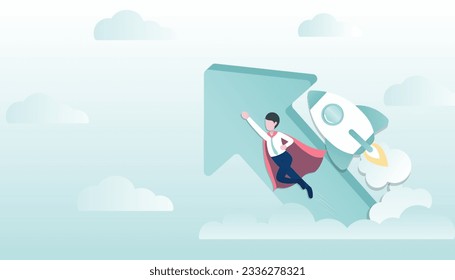 Business ideas concept. Businessman flying up to the sky with rocket and arrow to success. Symbol of progressive, stronger, growth up, improvement, challenge. Flat vector design illustration.