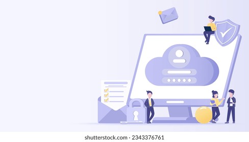 Business ideas concept. Cloud computing, access to account, database server, online internet, sharing and transfer information. Flat vector design illustration with copy space.