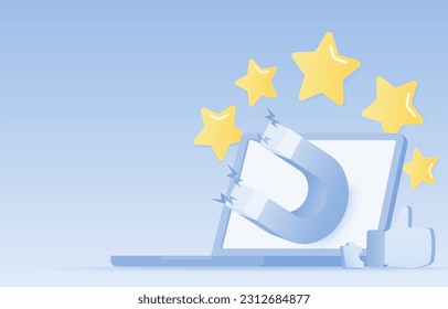 Business ideas concept. Customer satisfaction magnet, positive review, promotion campaign, content creation, online advertising to improve product or service. Vector illustration with copy space.