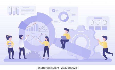 Concepto de ideas de negocio. Análisis de datos, gráfico financiero, plan de comercialización, gestión de estrategias, mejora y desarrollo. Discutir y discutir el proyecto de tormentas de ideas para lograr el éxito. Ilustración vectorial plana.