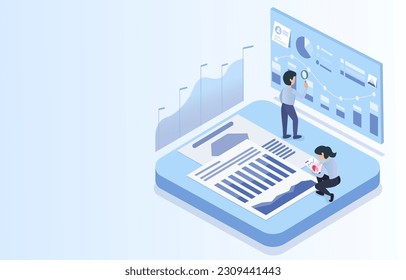 Business ideas concept. Data analyzing on paper and screen. Financial report, marketing chart, investment trend, graph. Isometric 3D vector design illustration with copy space.