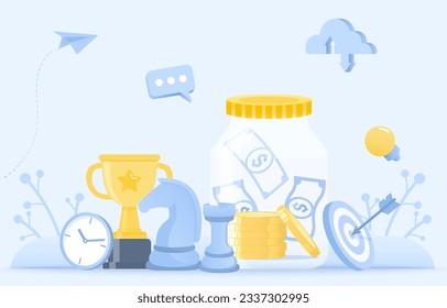 Business ideas concept. Elements of saving money, goal, target, financial plan, marketing strategy, investment management, fund budget analysis. Flat vector design illustration.