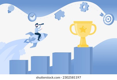 Business ideas concept. Go to success. Businessman riding a rocket pointing a finger at the trophy. Vector illustration with copy space.