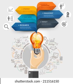 Business ideas concept. Hand holding light bulb and bubble speech arrow template. Can be used for workflow layout, banner, diagram, web design, infographic template.
