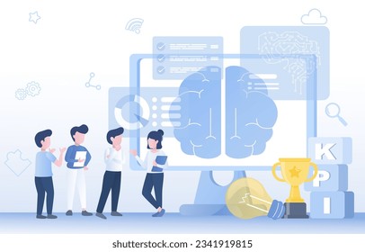 Business ideas concept. Key performance indicators (KPI), planning, meeting, thinking, training, brainstorming project. Marketing plan, evaluation, growth up business. Flat vector design illustration.