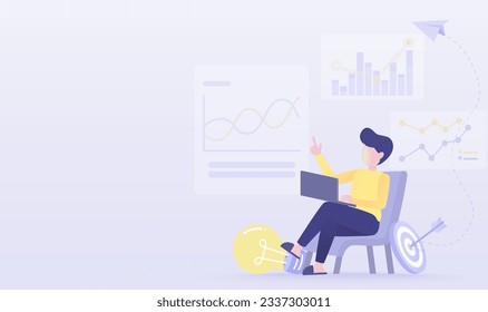 Business ideas concept. Online data analysis, financial chart, marketing plan, evaluation, strategy planning, tactical improvement, development to achieve success. Vector illustration with copy space