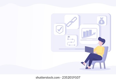 Business ideas concept. Online data, technology, digital dashboard, strategy plan, tactical improvement, development to achieve success. Flat vector design illustration with copy space.
