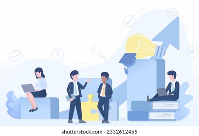 Business ideas concept. Business people come together to discuss, plan, think, and brainstorm innovative ideas for achieving growth and success. Flat vector design illustration with copy space.