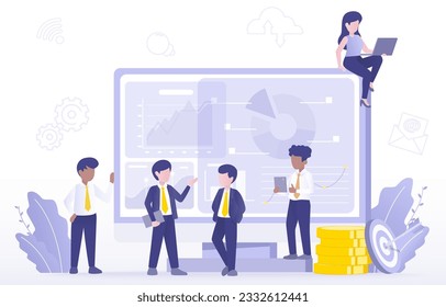 Business ideas concept. Business people discussing and brainstorming data analysis. Exchange and share information. Flat vector design illustration.