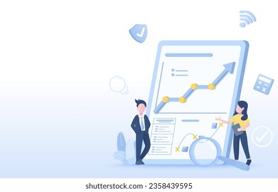 Business ideas concept. Business people meeting, discussion, present strategy planning, tactical management, thinking, brainstorming to achieve success. Flat vector design illustration with copy space