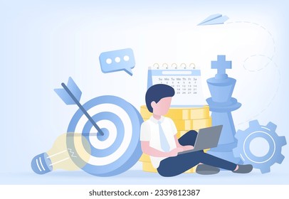 Business ideas concept. Business people planning, project management, financial strategy, goals, thinking, analyzing market trends, identifying opportunity, and achieving success. Vector illustration.