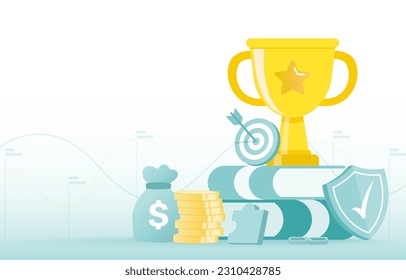 Concepto de ideas de negocio. El trofeo en la cima simboliza el éxito de los negocios, premios, recompensas, triunfos. Ilustración de diseño de vector plano con espacio de copia.