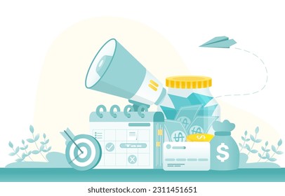 Business ideas concept. Variety elements represent money saving, profit, income, investment plans, financial management, announcements, analytics. Flat vector design illustration.