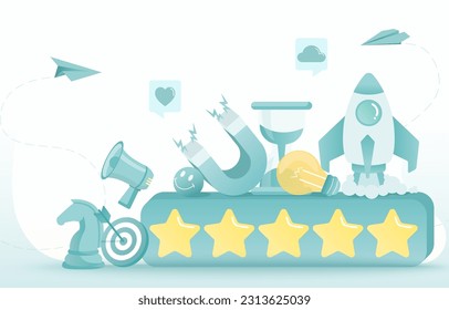 Business ideas concept. Variety elements represent startup, brainstorming, thinking, planning, strategy management, attract announcement, customer satisfaction to achieve business success. 