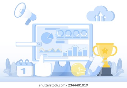 Business ideas concept. Variety elements of analysis data, thinking, planning, creativity, solving problem to achieve success. Flat vector design illustration.