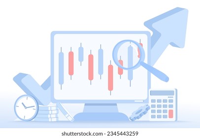 Business ideas concept. Variety elements of stocks, analysis data, improvement, development, management goal, market survey, competition. Flat vector design illustration.