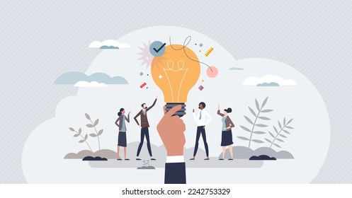 Business ideas with creative and innovative company plans tiny person concept. Successful solution with cooperative advice vector illustration. Opportunity for new startup project with invention team.