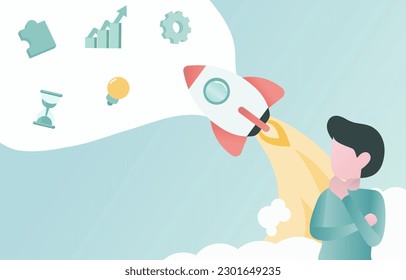 Ideas de negocio. Pensamiento creativo para lograr objetivos de negocios, lanzamiento de cohetes y crecimiento hasta el cielo. Simbolizar elementos de la estrategia empresarial, la innovación, la exploración, la oportunidad y el apoyo.