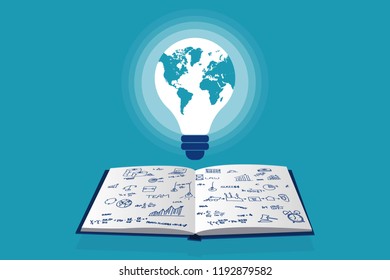 Business ideas creativity concepts with light bulb on notepad with different icons and charts science drawings on it isolated on blue background. Vector illustration Minimalist white blue flat style