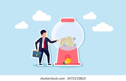 Business ideas creativity, startup, entrepreneurship, and innovation light bulb symbol, concept of Smart businessman with many ideas stands by a gumball machine of lightbulbs