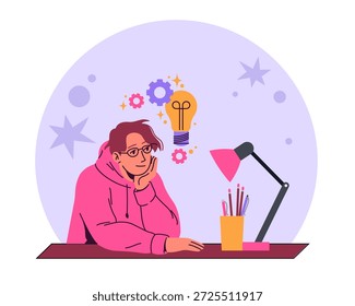 Desarrollo de ideas de negocio. Sesión de lluvia de ideas, empleados creativos reflexivos, trabajos de creador o diseñador, resolución de problemas, sin inspiración y motivación, concepto aislado de estilo plano de dibujos animados de Vector