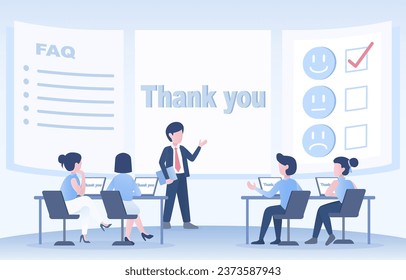 Business ideas and discussion in conference room at the end of the presentation. Business people ask question, answer, survey, give opinions, solve problems and say “thank you”. Vector illustration.
