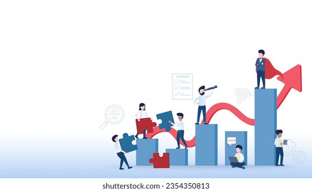 Business ideas and growth concept. Arrow pointing up to target. Business people working together, management, improvement, development and opportunity to achieve success. Flat vector illustration.