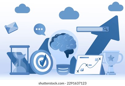 Business ideas. Growth, data analytics, marketing, planning, and brainstorming icons represents the business concept of achieving goals. Flat vector design illustration.