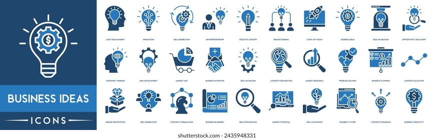 Business Ideas icon set. Innovation, Innovation, Market Research, Problem Solving, Business Planning, Business Blueprint, Concept Expansion and Business Creativity line icon.