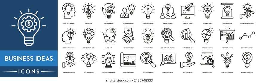 Business Ideas icon set. Innovation, Innovation, Market Research, Problem Solving, Business Planning, Business Blueprint, Concept Expansion and Business Creativity line icon.