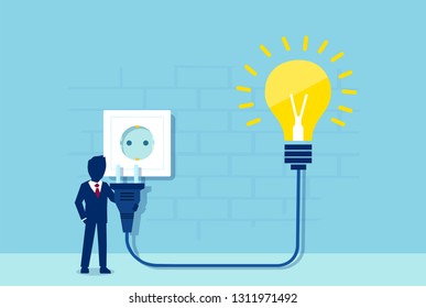 Business ideas and innovation concept. Vector of a businessman with electrical cord and bright idea light bulb plugging to power socket. 