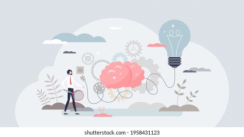 Business ideas innovation as creative solution thinking tiny person concept. Inspirational company development as light bulb, brain and socket vector illustration. New businessman project launch.