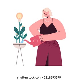 Business ideas and innovations growth and development concept. Entrepreneur growing creative startup project, watering plant with lightbulb. Flat vector illustration isolated on white background