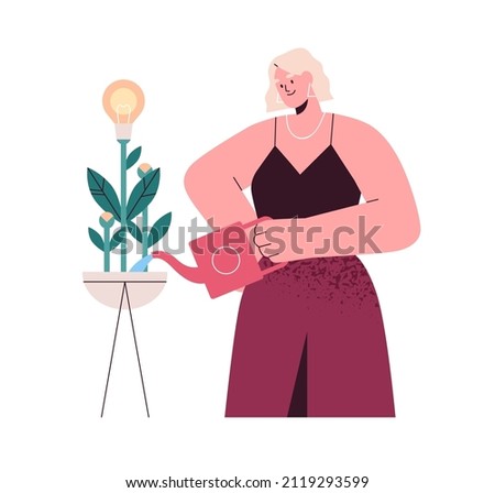 Business ideas and innovations growth and development concept. Entrepreneur growing creative startup project, watering plant with lightbulb. Flat vector illustration isolated on white background