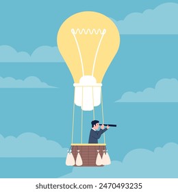 Business ideas looking. Creative person search new idea or job vacancy. Male look opportunity, fly in bulb hot air balloon recent vector scene