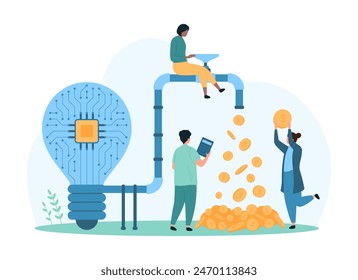 Business ideas to make money, monetization. Tiny people pouring money from light bulb with circuit board inside and pipeline, monetize creative digital project and venture cartoon vector illustration