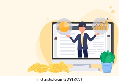 Business ideas. The man explain about stock, investment and increasing income on online computer. Concept of strategy, tactics and success. Vector illustration Eps10.