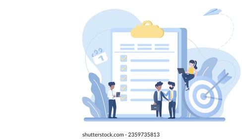 Business ideas and planning checklist concept. Group of business people discuss and task checklist for improvement and development to achieve success. Flat vector design illustration with copy space.