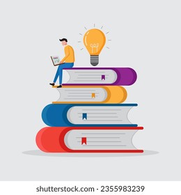 Ideas de negocio de la lectura. Equilibrio entre lectura e ideas. Pila de libros y bombillas para la inspiración de los negocios.