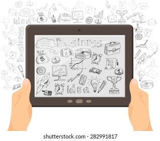 Business ideas sharing with mobile technology concept black icons outlined composition with foreground tablet  abstract vector illustration