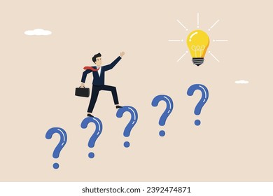 Business ideas and solutions to solve problems, finding new idea concepts, smart business people go through question mark stairs to get bright ideas.