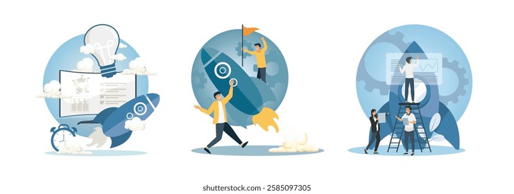 Business Ideas and Start up Inspiration. Team members celebrating success with a rocket. Team working together on launching a project, symbolized by a rocket. Set flat vector modern illustration 