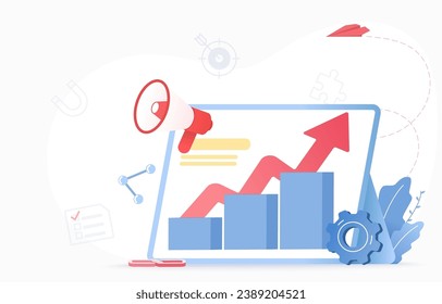 Business ideas and startup concept. Arrow pointing up, growth and increase business. Goal setting, strategy management, tactical planning, opportunity to achieve success. Flat vector illustration.