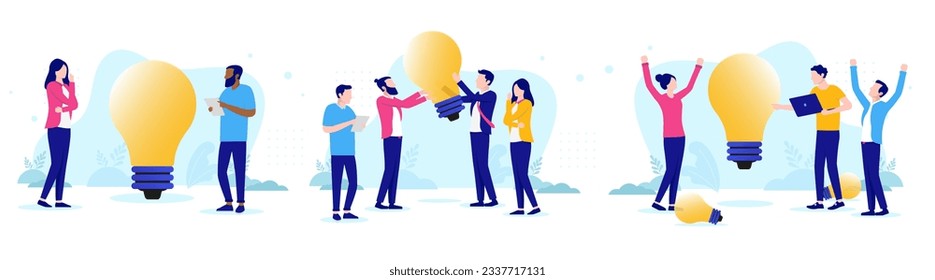 Business ideas vector collection - Set illustrations with people brainstorming and working with idea lightbulbs in teams. Flat design with white background