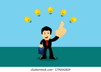Business ideas vector concept: Happy businessman pointing at the floating  light bulbs above him