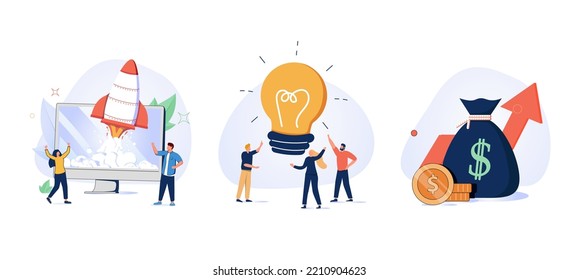 Business ideas vector illustration. Flat tiny creative work persons concept.Startup accelerator, venture investment fund, startup mentoring, business opportunity, angel investor, entrepreneur vector.