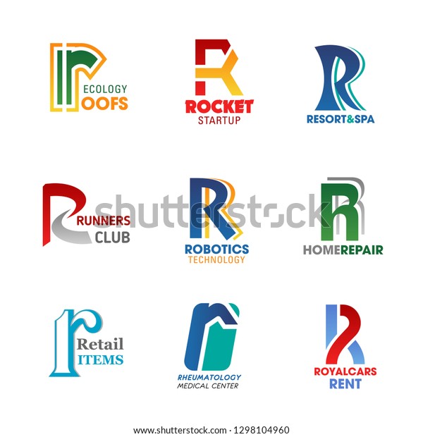 Business identity icons, letter R. Vector ecology\
roofs, rocket startup, resort and recreation. Runners sport club.\
Robotic technologies and repairs, retail and rheymatology medicine,\
car rent